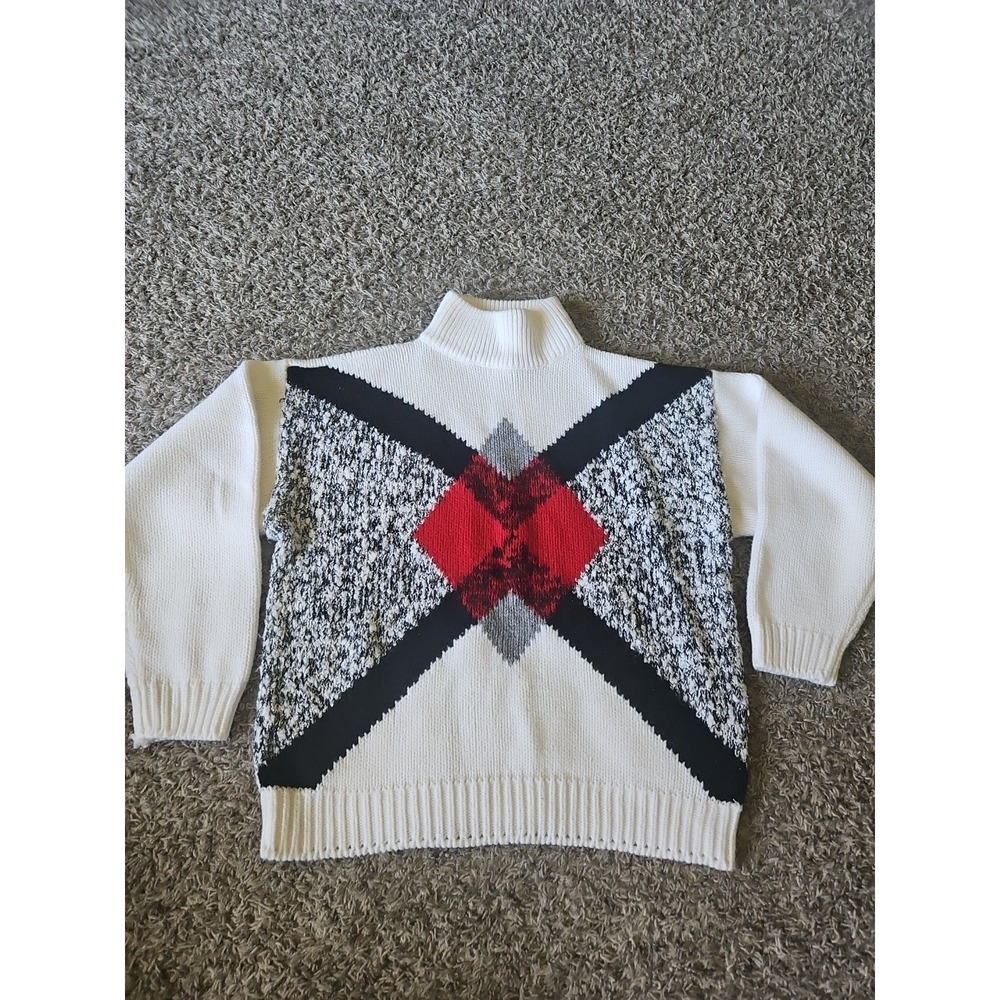 Vtg Deb White/cream Abstract Turtleneck‎ Sweater 90s Size Large Acrylic